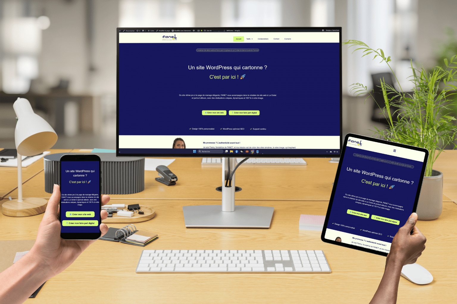 Illustration d'un site web s'adaptant automatiquement sur smartphone, tablette et ordinateur comme un cam&eacute;l&eacute;on digital
