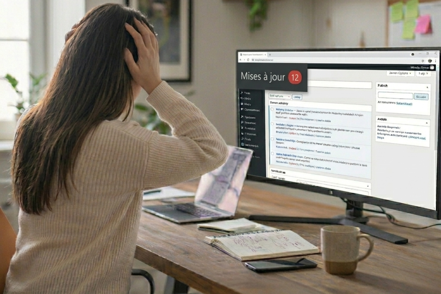 Femme de dos les mains sur la t&ecirc;te devant un &eacute;cran d'ordinateur affichant le tableau de bord WordPress avec une notification rouge de mise &agrave; jour.
