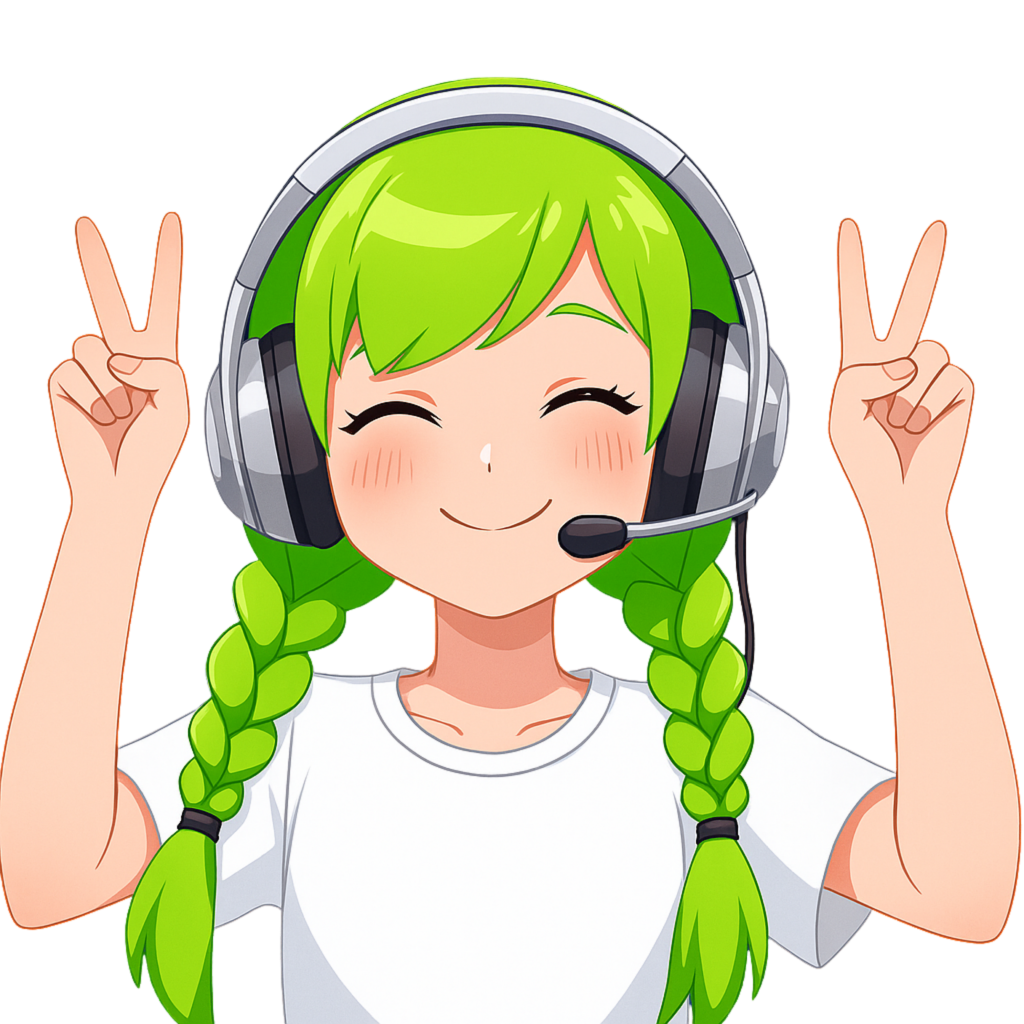 illustration de FUNNY FANET, personnage fictif ressemblant a une fille de manga avec des tresses vertes et un casque d'ordinateur