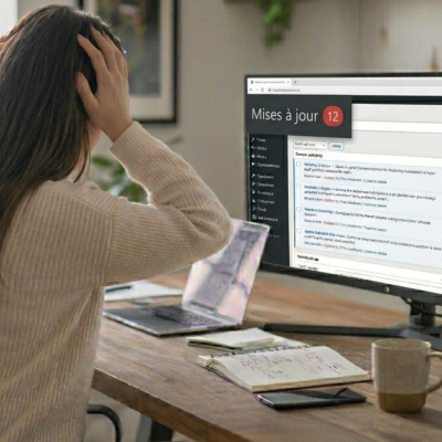 Femme de dos les mains sur la t&ecirc;te devant un &eacute;cran d'ordinateur affichant le tableau de bord WordPress avec une notification rouge de mise &agrave; jour.